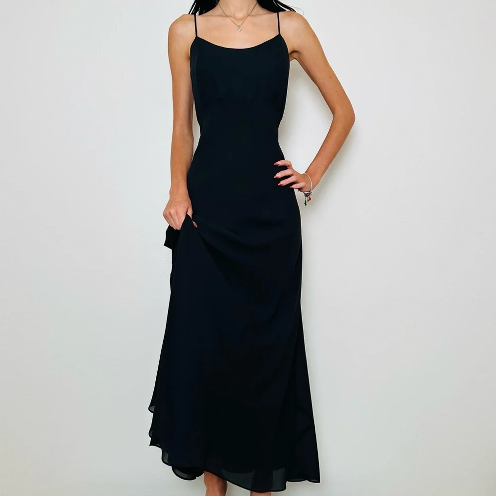 Vintage Hampton Nites Black Slip Evening Gown Spaghetti Strap Maxi Dress - Picture 3 of 8
